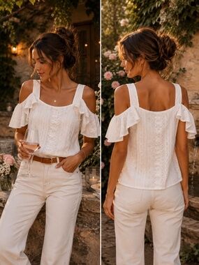 Cable & Gauge White Ruffle Eyelet Cami Top